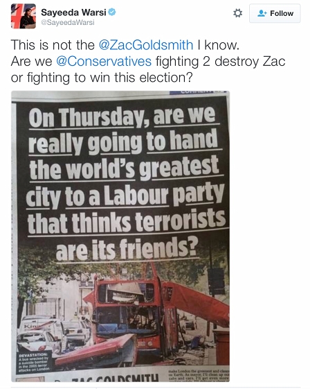 Tweet von Baroness Warsi mit Foto eines Mail-Artikels mit der Überschrift: On Thursday, are we really going to hand the world's greatest city to a Labour Party that thinks terrorists are its friends?